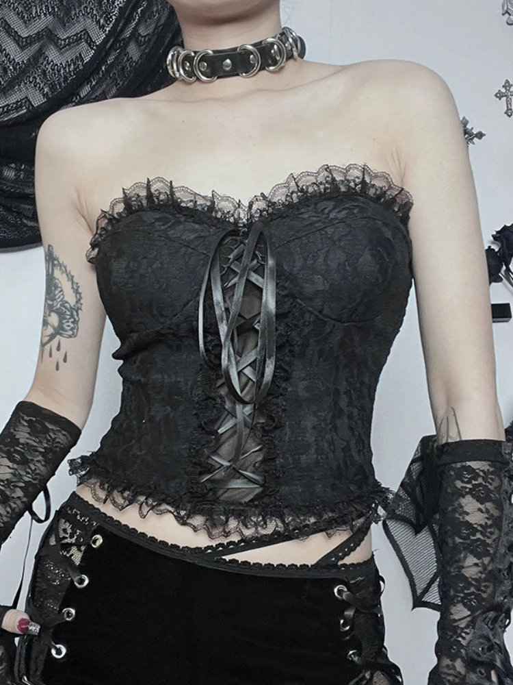 mall gothic black backless lace trim